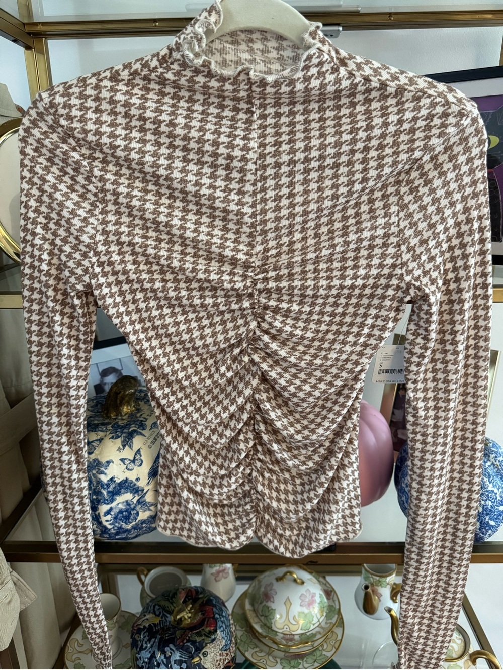 Ruched Houndstooth Long-Sleeve Top in Cream & Brown